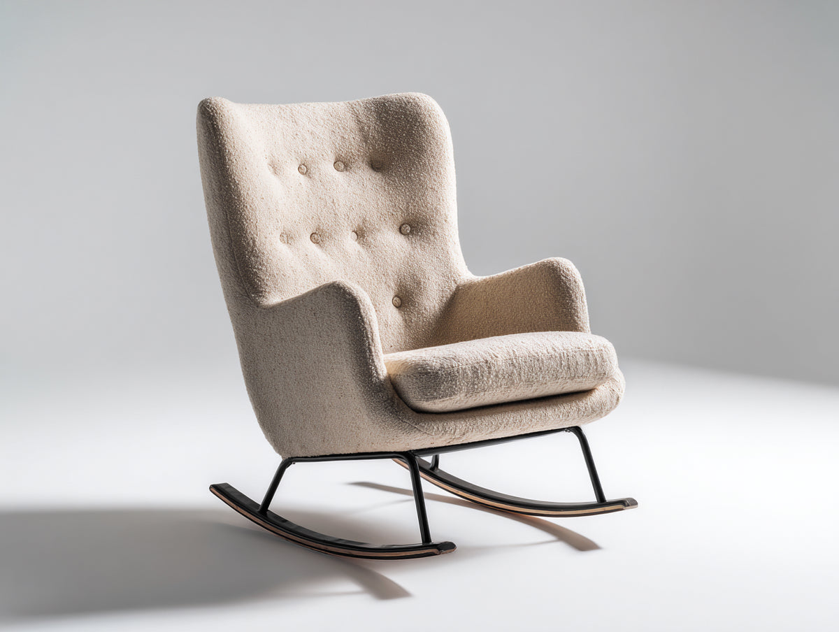 Sedia a dondolo - Tessuto bouclé-metallo-legno - 89x77x101 cm - Beige-nero-legno scuro - Stile retrò moderno
