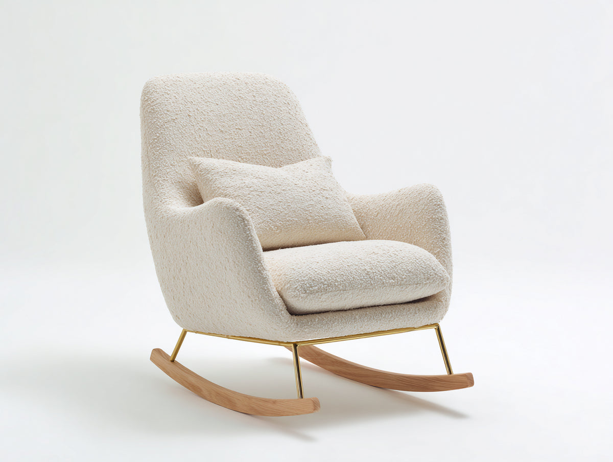 Sedia a dondolo - Tessuto bouclé-metallo-legno - 88x78x100 cm - Bianco crema-oro-legno naturale - Stile contemporaneo