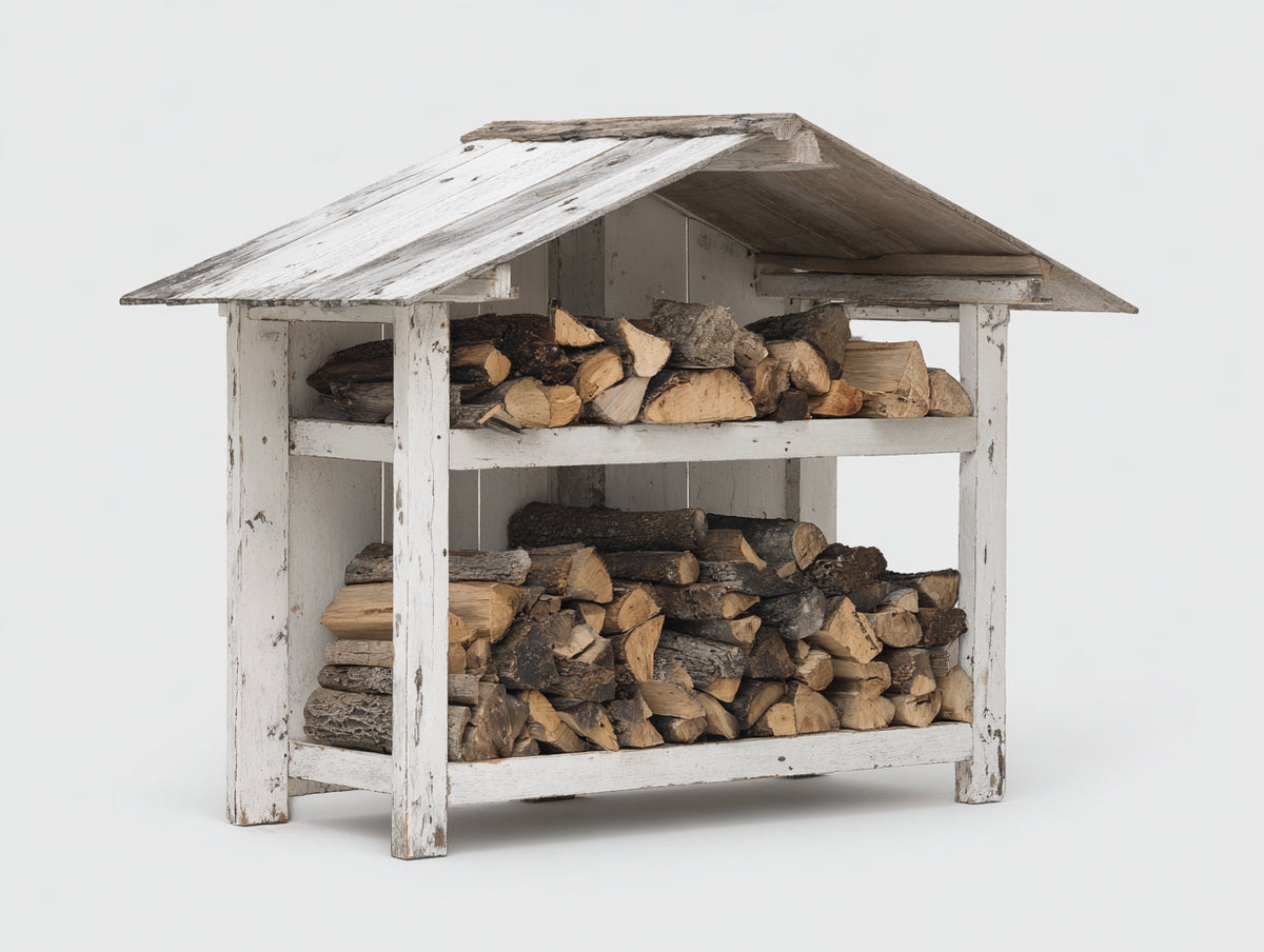 Portalegna - Legno - 120 x 68 x 138 cm - Bianco-Grigio - Stile rustico compatto con tetto spiovente