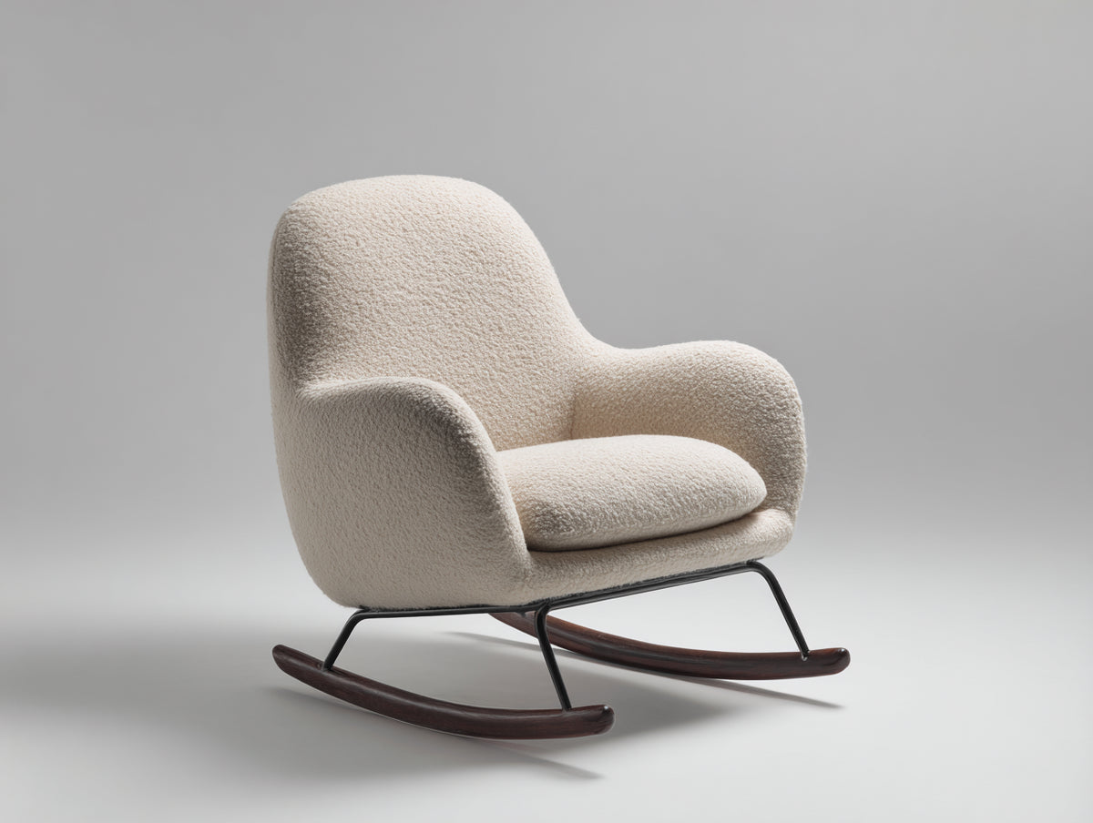 Sedia a dondolo - Tessuto bouclé-metallo-legno - 86x77x96 cm - Bianco crema-nero-legno scuro - Stile contemporaneo