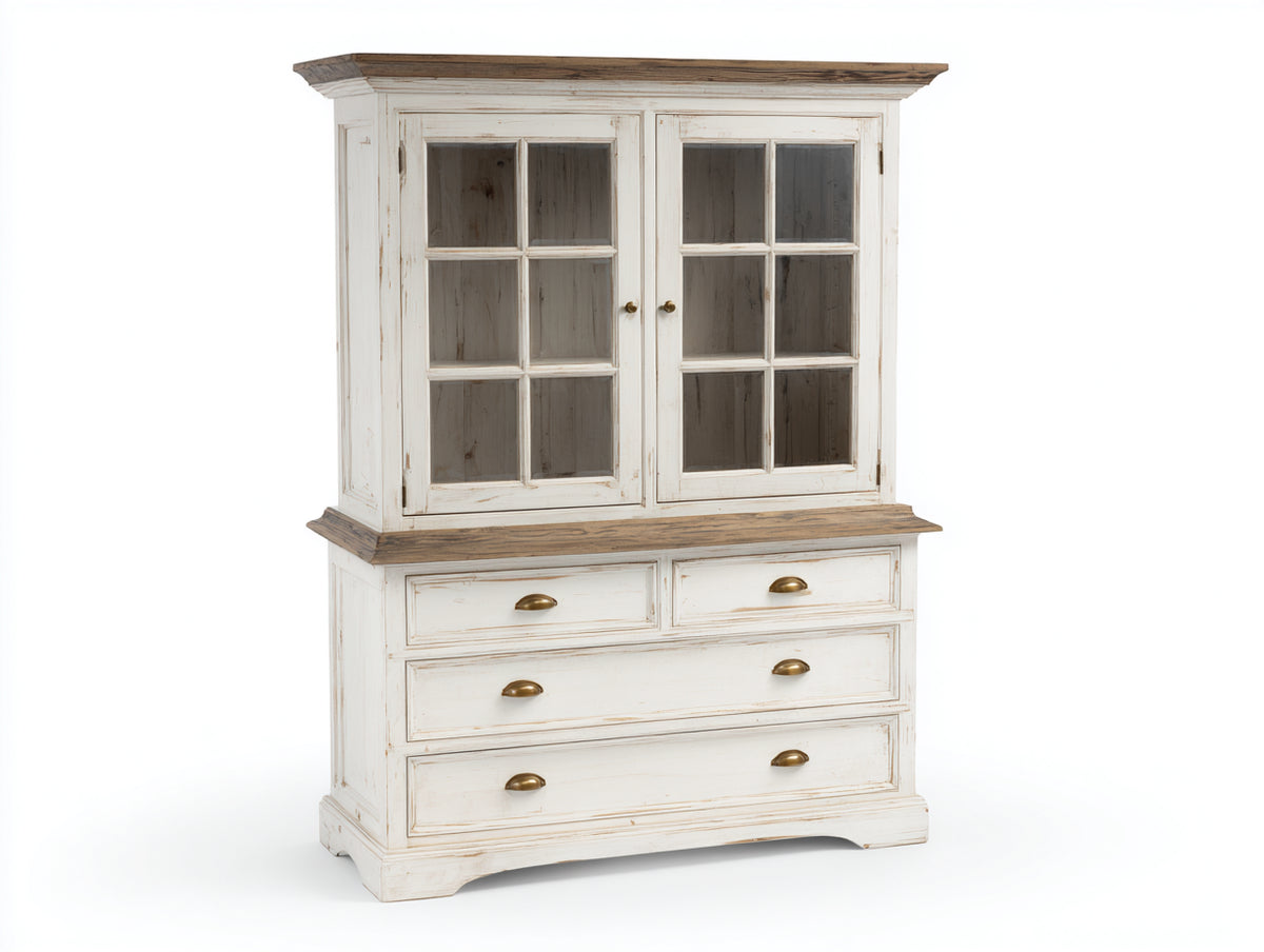 Vetrina - Legno-Vetro-Metallo - 128x49x188 cm - Bianco-Legno naturale - Stile rustico