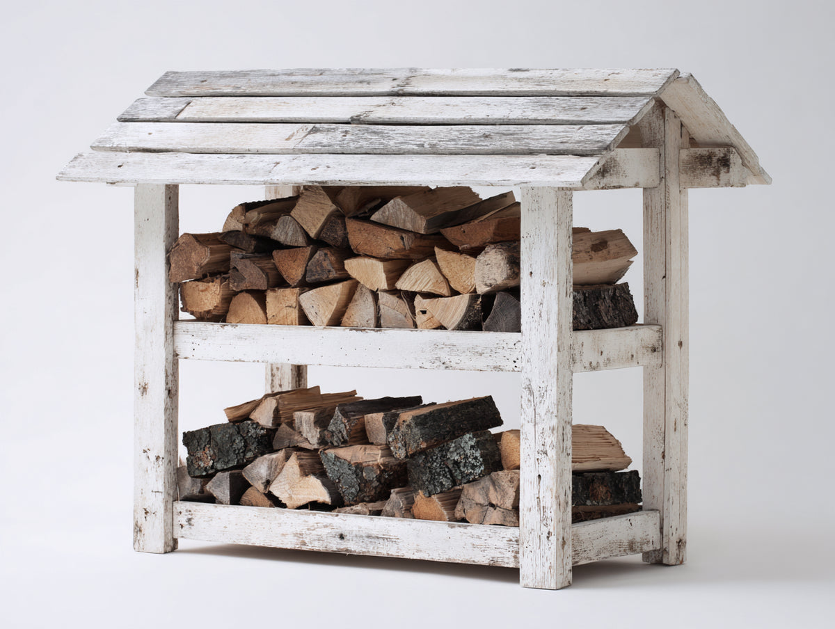Portalegna - Legno - 118 x 66 x 135 cm - Bianco - Stile rustico compatto con copertura spiovente