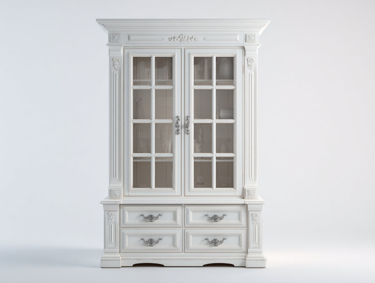Vetrina - Legno-Vetro-Metallo - 118x50x215 cm - Bianco-Argento - Stile barocco