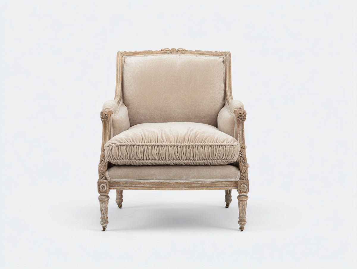 Poltrona - Velluto-Legno - 76 x 78 x 94 cm - Beige-Legno decapato - Stile classico con intagli decorativi