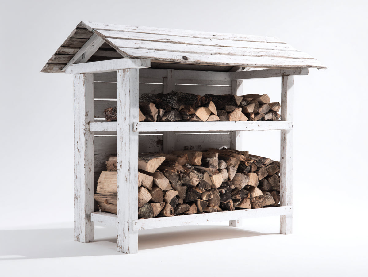 Portalegna - Legno - 145 x 72 x 160 cm - Bianco - Stile rustico con tetto a due falde